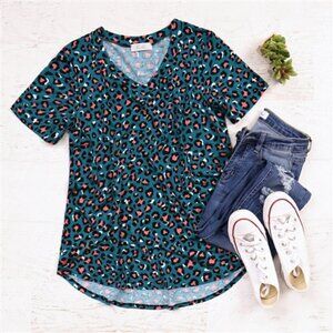 Teal Leopard V Neck Round Hi Lo Hem